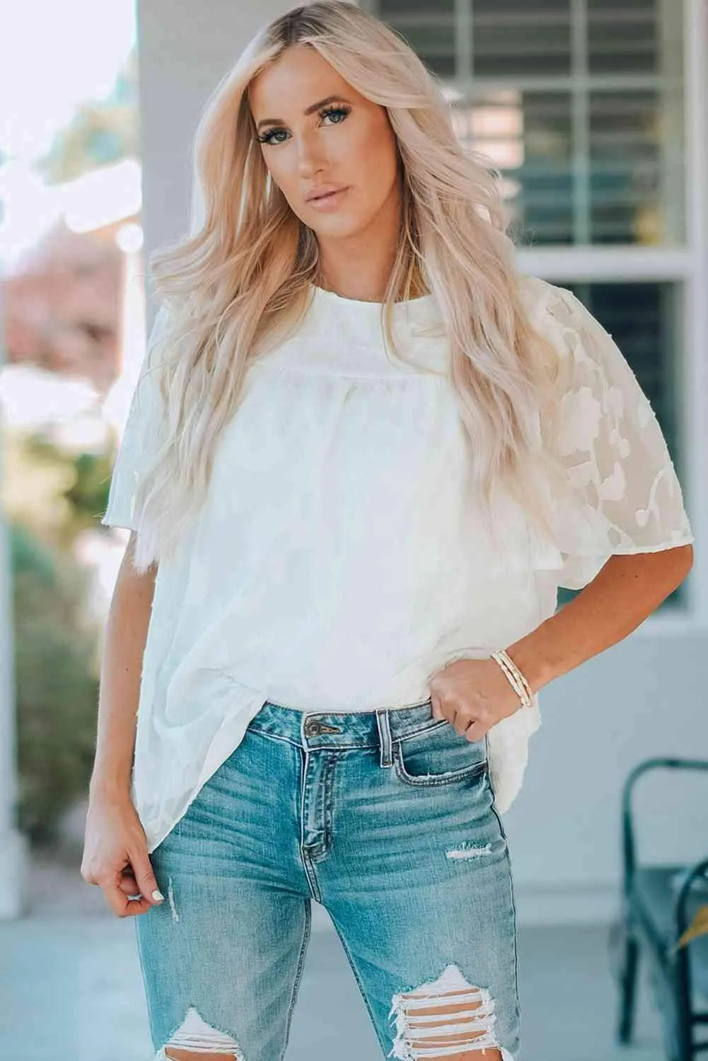Round Neck Puff Sleeve Blouse White Blouses - Tophatter Daily Deals